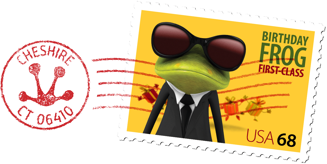 a cancelled postage stamp featuring a Birthday Frog wearing a suit and sunglasses